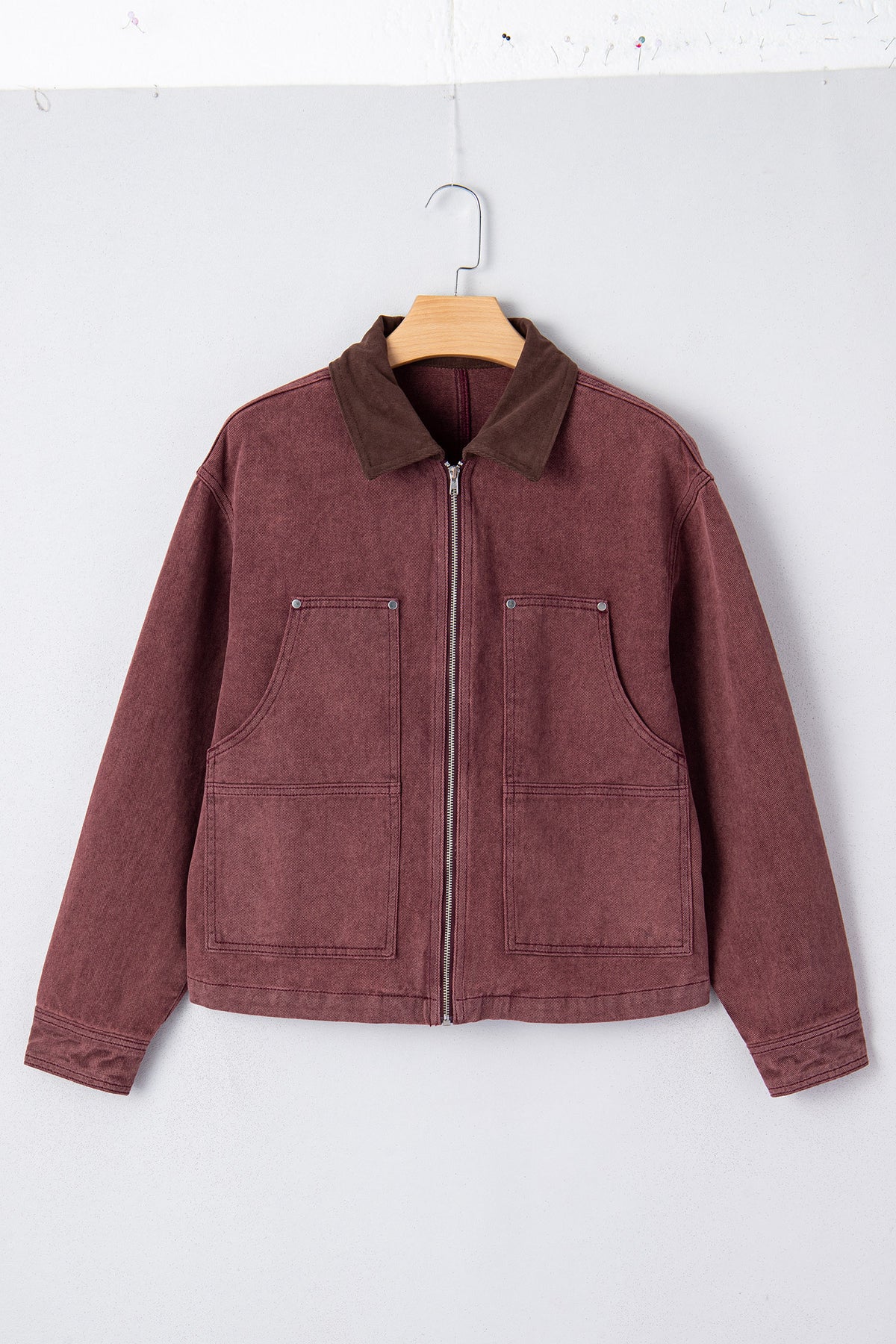 Corduroy Collar Zipped Front Denim Jacket - KaleaBoutique.com