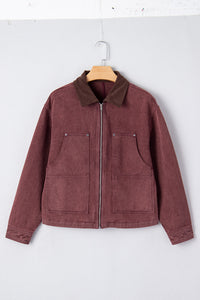 Corduroy Collar Zipped Front Denim Jacket - KaleaBoutique.com