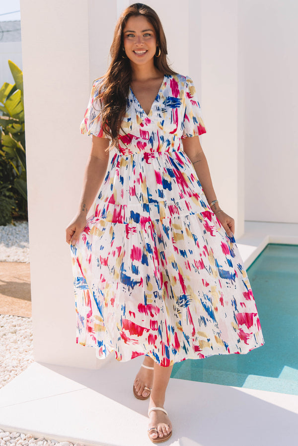 KaleaBoutique Stylish Abstract Print Short Puff Sleeve Tiered Maxi Dress - KaleaBoutique.com
