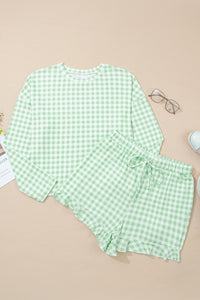 KaleaBoutique Stylish Gingham Long Sleeve Loose Top Drawstring Shorts 2pcs Lounge Set - KaleaBoutique.com