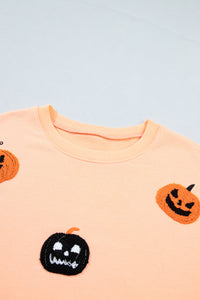 KaleaBoutique Stylish Orange Embroidered Pumpkin Face Drop Shoulder Sweatshirt - KaleaBoutique.com