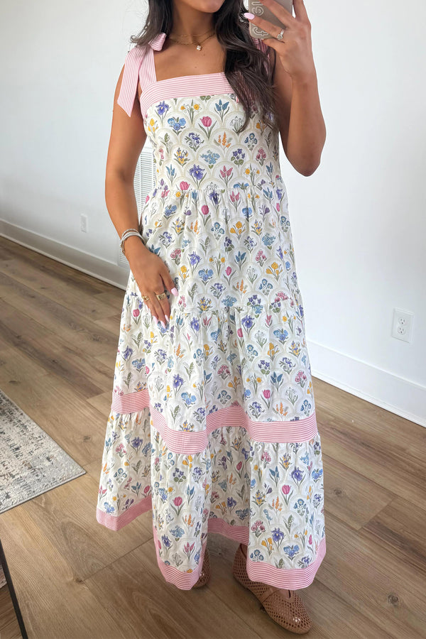 KaleaBoutique Stylish Floral Print Striped Detail Knot Straps Maxi Dress - KaleaBoutique.com
