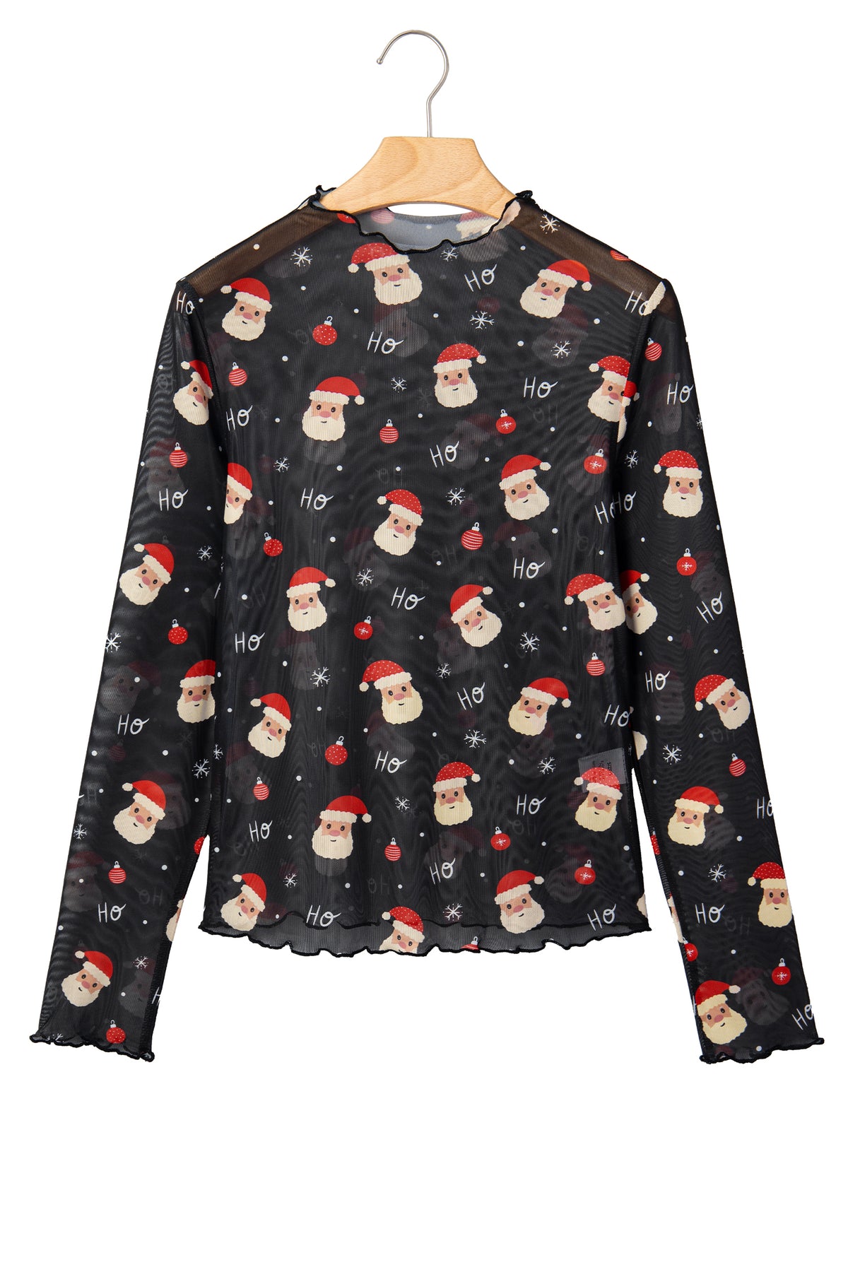 KaleaBoutique Stylish Santa Print Sheer Stand Neck Long Sleeve Top - KaleaBoutique.com
