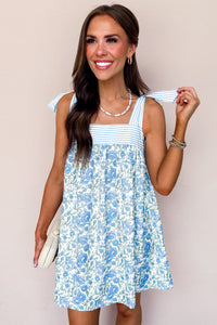 KaleaBoutique Stylish Floral Print Striped Patchwork Bow Knot Straps Mini Dress - KaleaBoutique.com