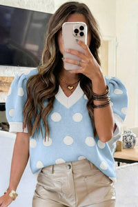 KaleaBoutique Comfortable Polka Dot Puff Short Sleeve Sweater Top - KaleaBoutique.com