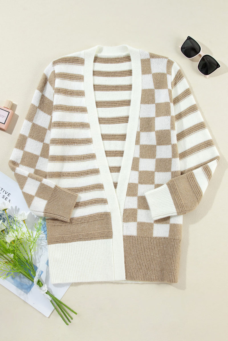 Gingham Striped Knitted Open Front Cardigan - KaleaBoutique.com