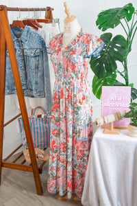KaleaBoutique Comfortable Floral Print V Neck Contrast Trim Flutter Sleeve Long Dress - KaleaBoutique.com