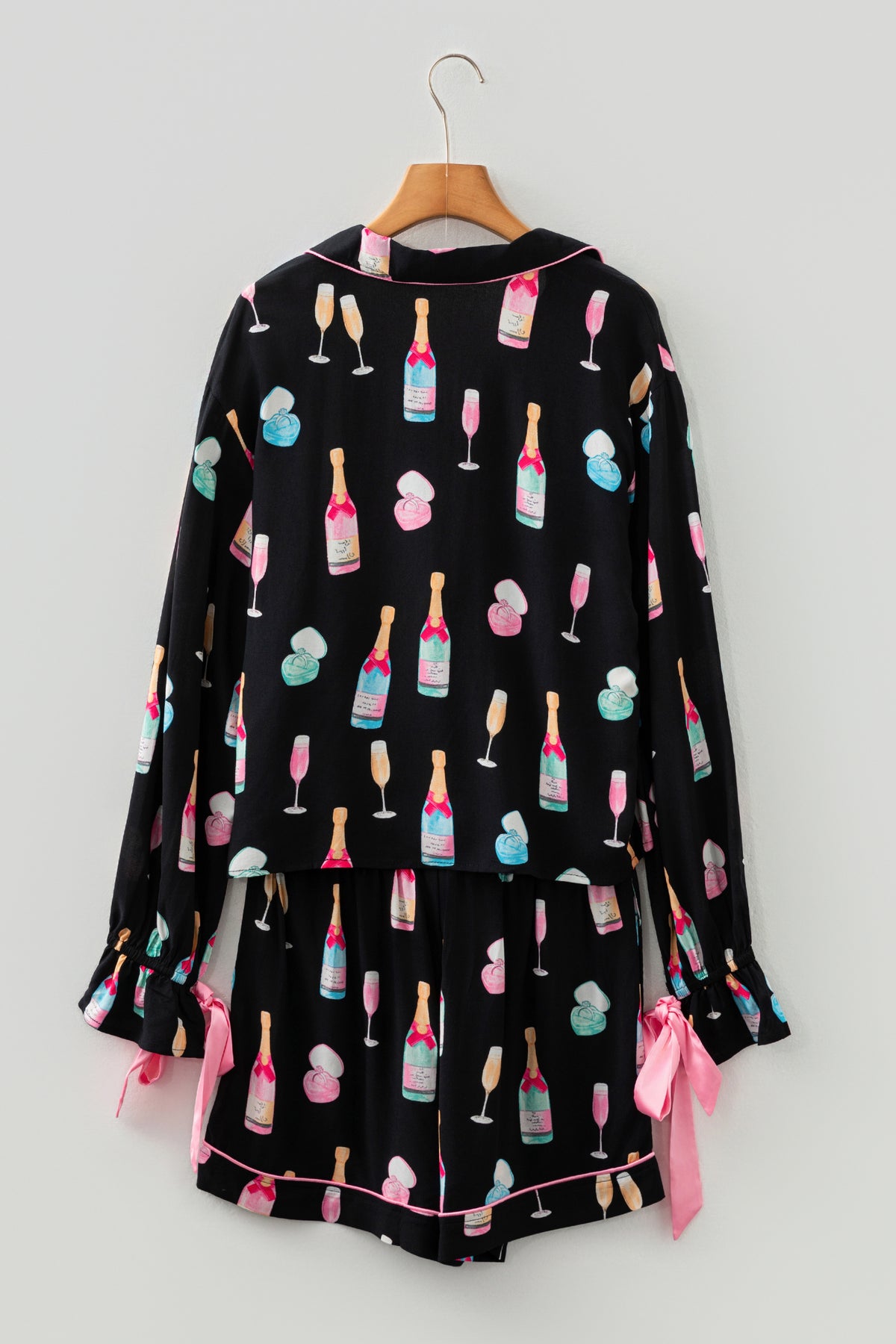 KaleaBoutique Stylish Christmas Wine Glass Print Bow Knot Two Piece Pajama Set - KaleaBoutique.com