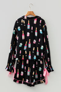 KaleaBoutique Stylish Christmas Wine Glass Print Bow Knot Two Piece Pajama Set - KaleaBoutique.com