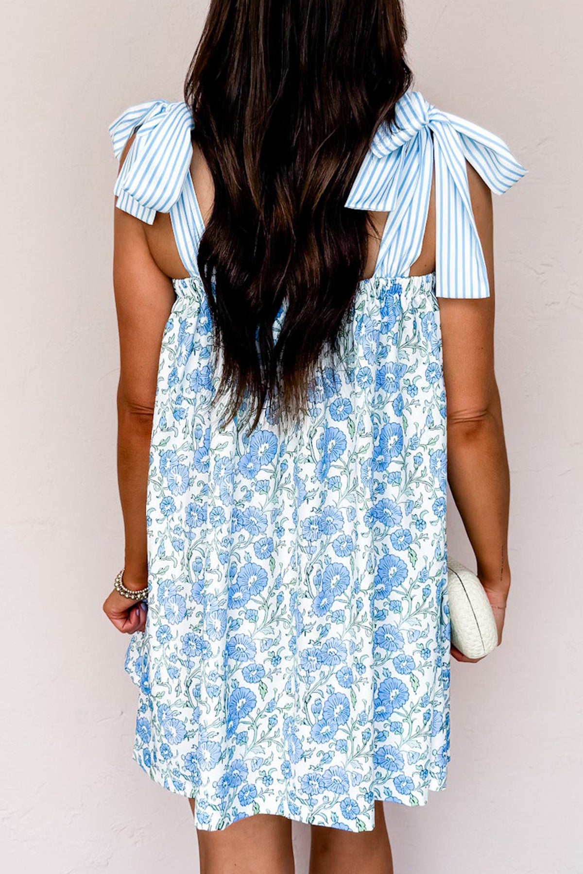 KaleaBoutique Stylish Floral Print Striped Patchwork Bow Knot Straps Mini Dress - KaleaBoutique.com