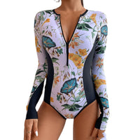Women Floral Long-Sleeve Figure Flattering Zip Front One-Piece Swimsuit - KaleaBoutique.com