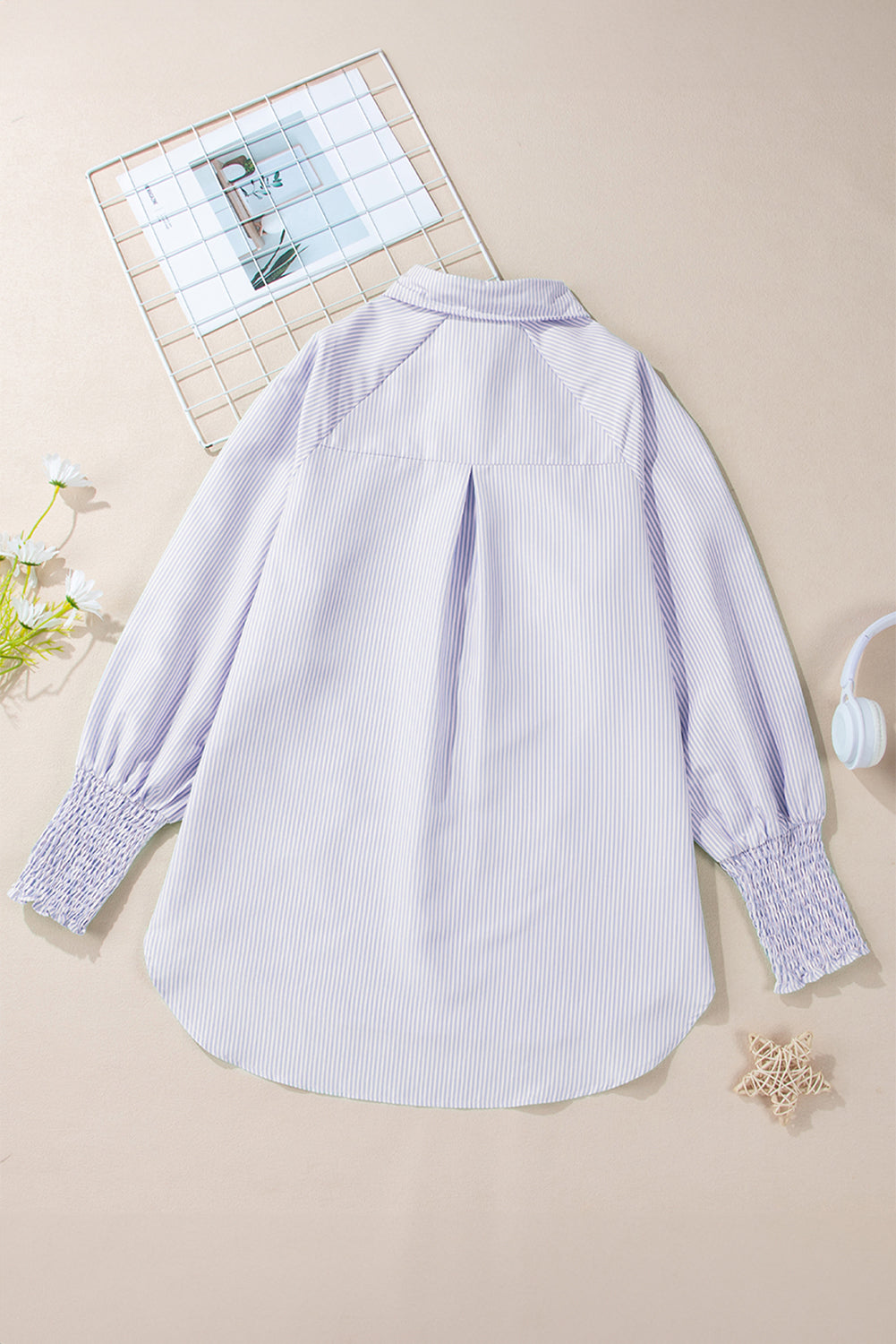 KaleaBoutique Stylish Striped Shirred Cuff Buttoned Loose Fit Shirt - KaleaBoutique.com