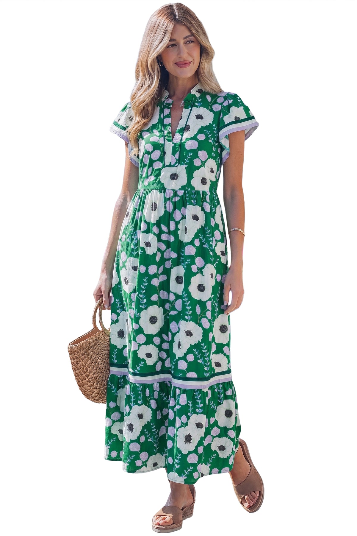 KaleaBoutique Stylish V Neck Ruffled Short Sleeve Flower Maxi Dress - KaleaBoutique.com