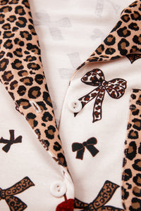 KaleaBoutique Stylish Chic Bow Cherry Printed Leopard Contrast Patchwork Shirt Drawstring Shorts 2pcs PJ Set - KaleaBoutique.com