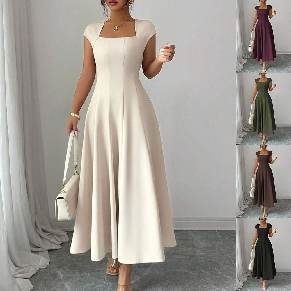 Elegant Long Dress With A Square Neckline And Short Sleeves - KaleaBoutique.com