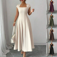 Elegant Long Dress With A Square Neckline And Short Sleeves - KaleaBoutique.com