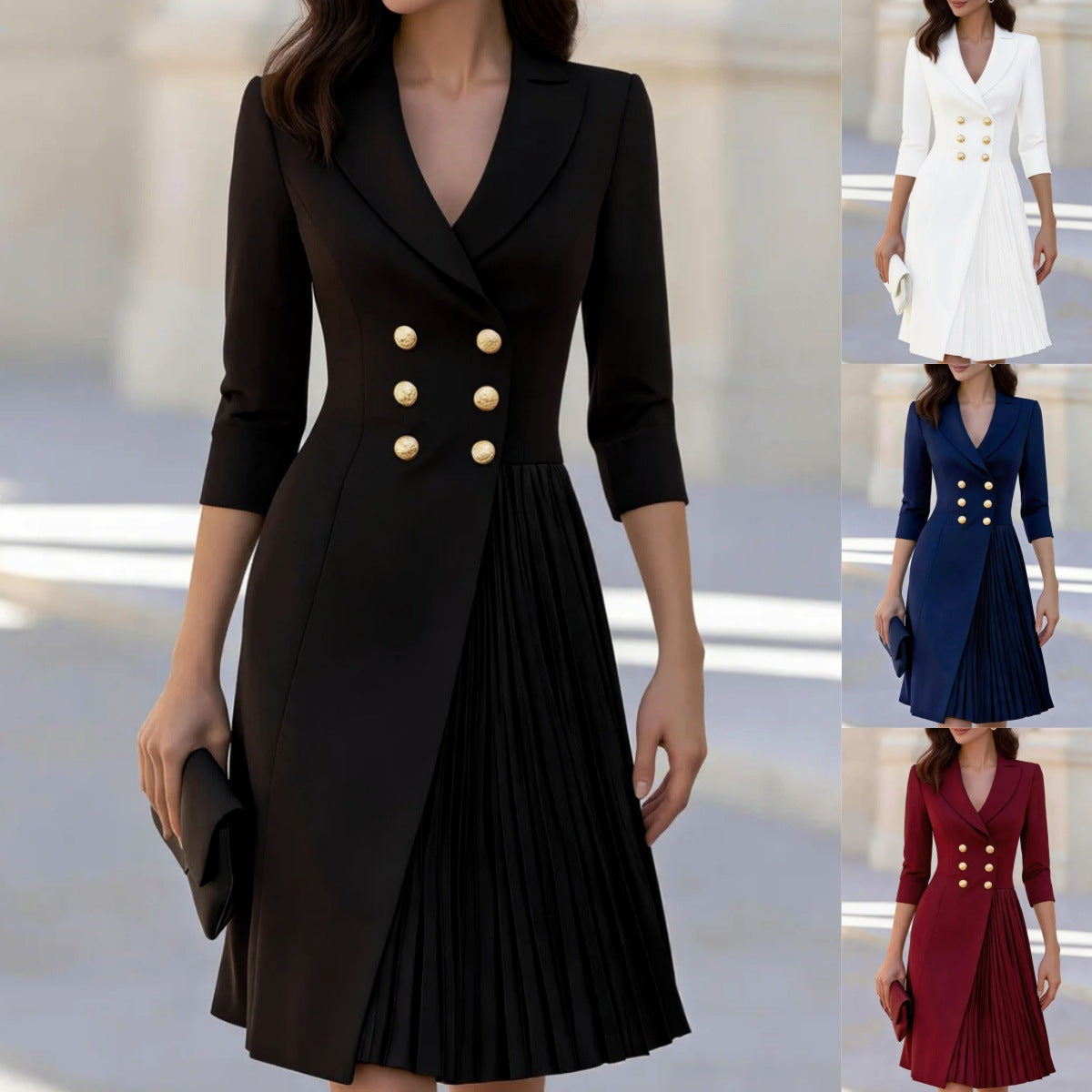 Women's Three-Quarter-Sleeve Double-Breasted Pleated Dress - KaleaBoutique.com