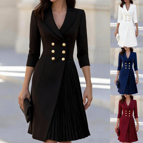 Women's Three-Quarter-Sleeve Double-Breasted Pleated Dress - KaleaBoutique.com