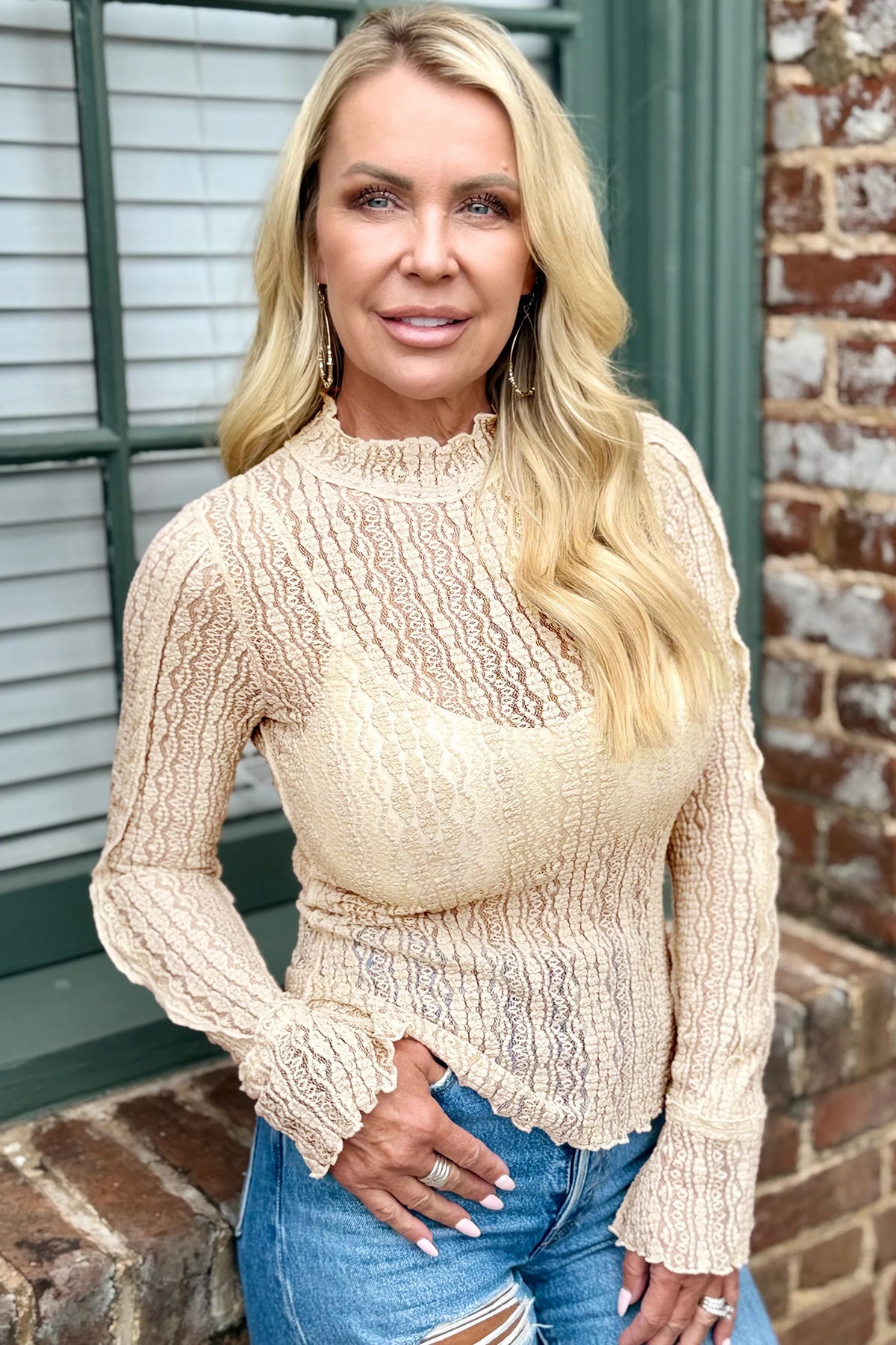 KaleaBoutique Beautiful Flounced Long Sleeve Mock Neck Sheer Lace Top - KaleaBoutique.com