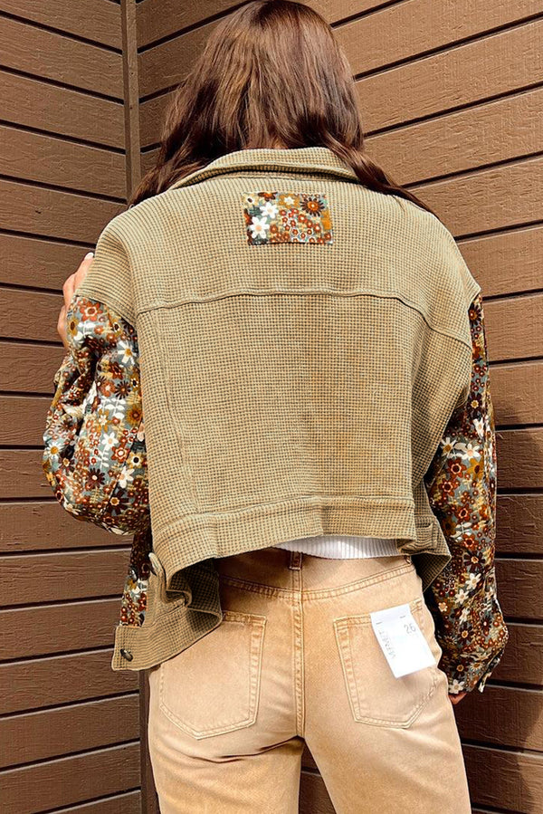 KaleaBoutique Waffle Knit Floral Print Patchwork Button up Jacket - KaleaBoutique.com