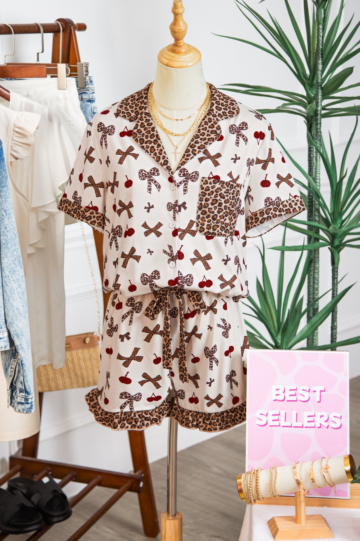KaleaBoutique Stylish Chic Bow Cherry Printed Leopard Contrast Patchwork Shirt Drawstring Shorts 2pcs PJ Set - KaleaBoutique.com