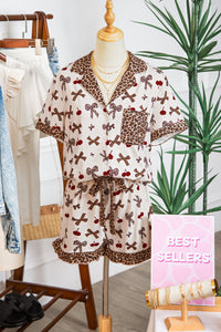 KaleaBoutique Stylish Chic Bow Cherry Printed Leopard Contrast Patchwork Shirt Drawstring Shorts 2pcs PJ Set - KaleaBoutique.com