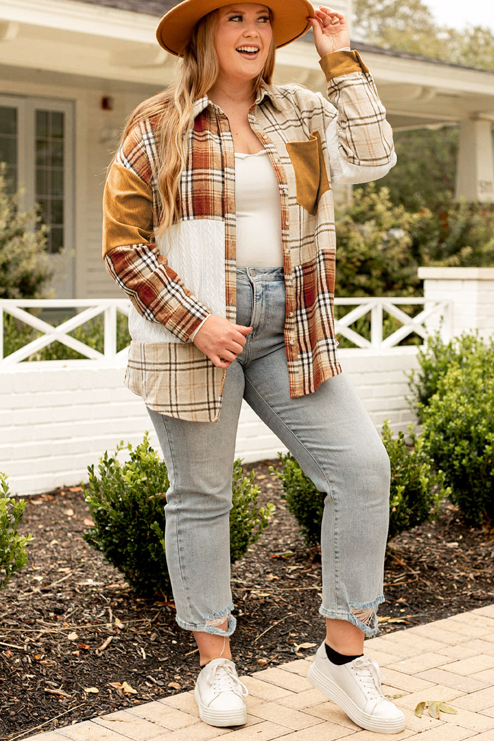 Plus Size Plaid Patchwork Button up Shacket - KaleaBoutique.com