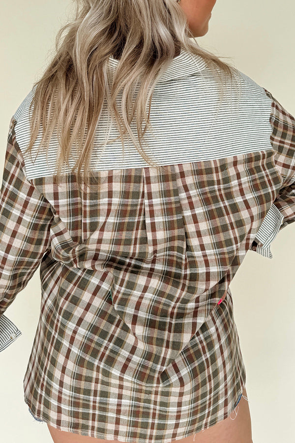 KaleaBoutique Stylish Plaid Print Striped Patchwork Single Chest Pocket Buttoned Shirt - KaleaBoutique.com