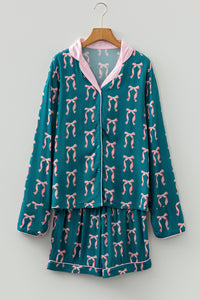 KaleaBoutique Stylish Ribbon Bow Print Silky Long Sleeve Shirt and Shorts 2pcs Pajama Set - KaleaBoutique.com