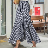 Cross-Border Women's Plaid Mermaid Skirt With Ruffled Irregular Hem, High-Waisted Casual Umbrella Wrap Long Skirt - KaleaBoutique.com
