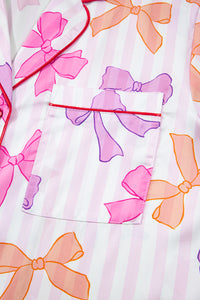 KaleaBoutique Stylish Striped Bow Print Contrast Piping Trim Shirt and Pants 2pcs Pajama Set - KaleaBoutique.com