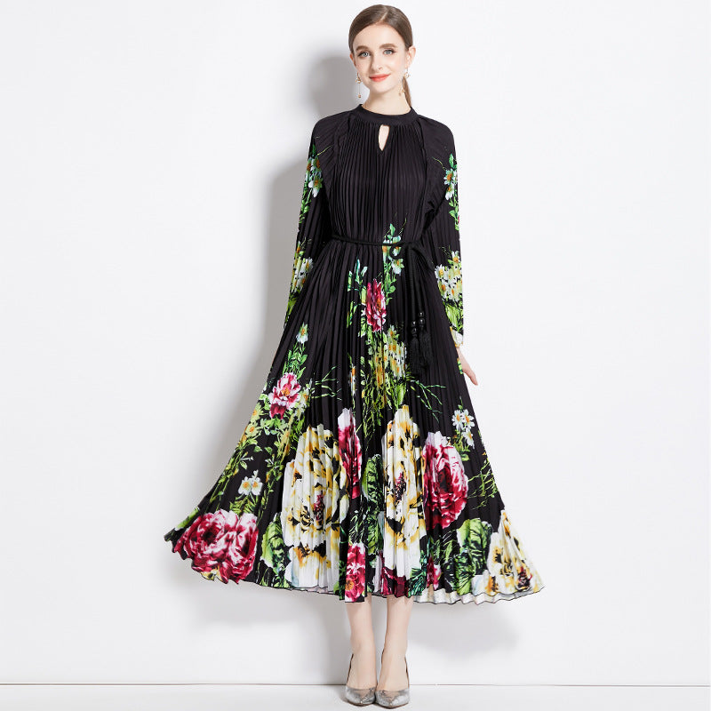 Women's Floral Keyhole-Neck Lantern-Sleeve Pleated Midi Dress - KaleaBoutique.com