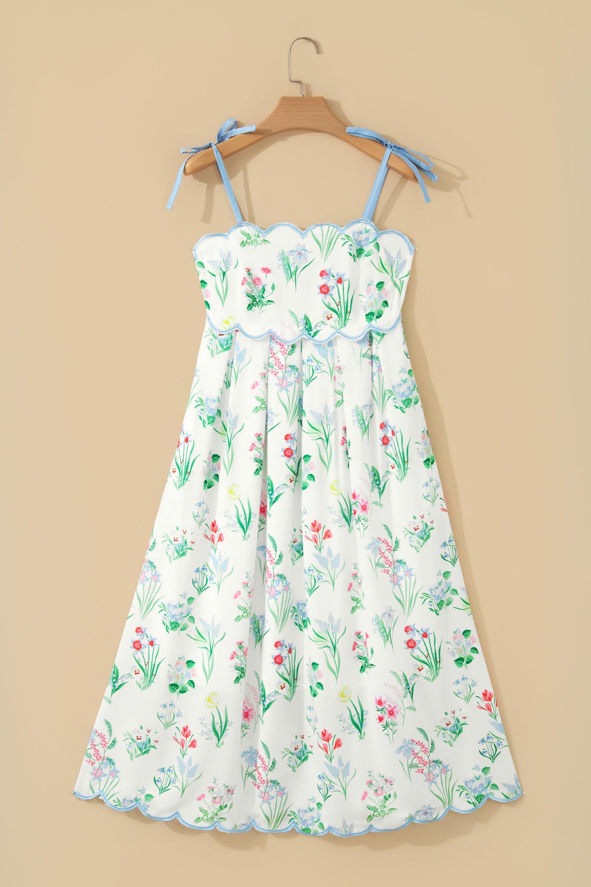 KaleaBoutique Stylish Floral Print Contrast Trim Self-tie Straps High Waist Midi Dress - KaleaBoutique.com