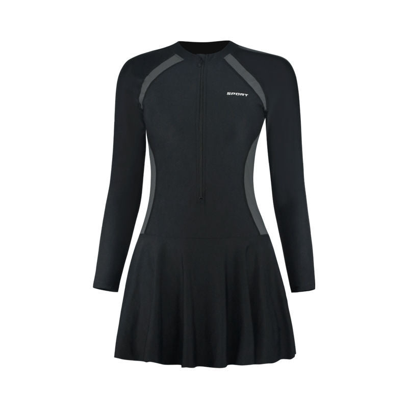 Women's Long-Sleeve Zip-Front Color Block Athletic Swim Dress - KaleaBoutique.com