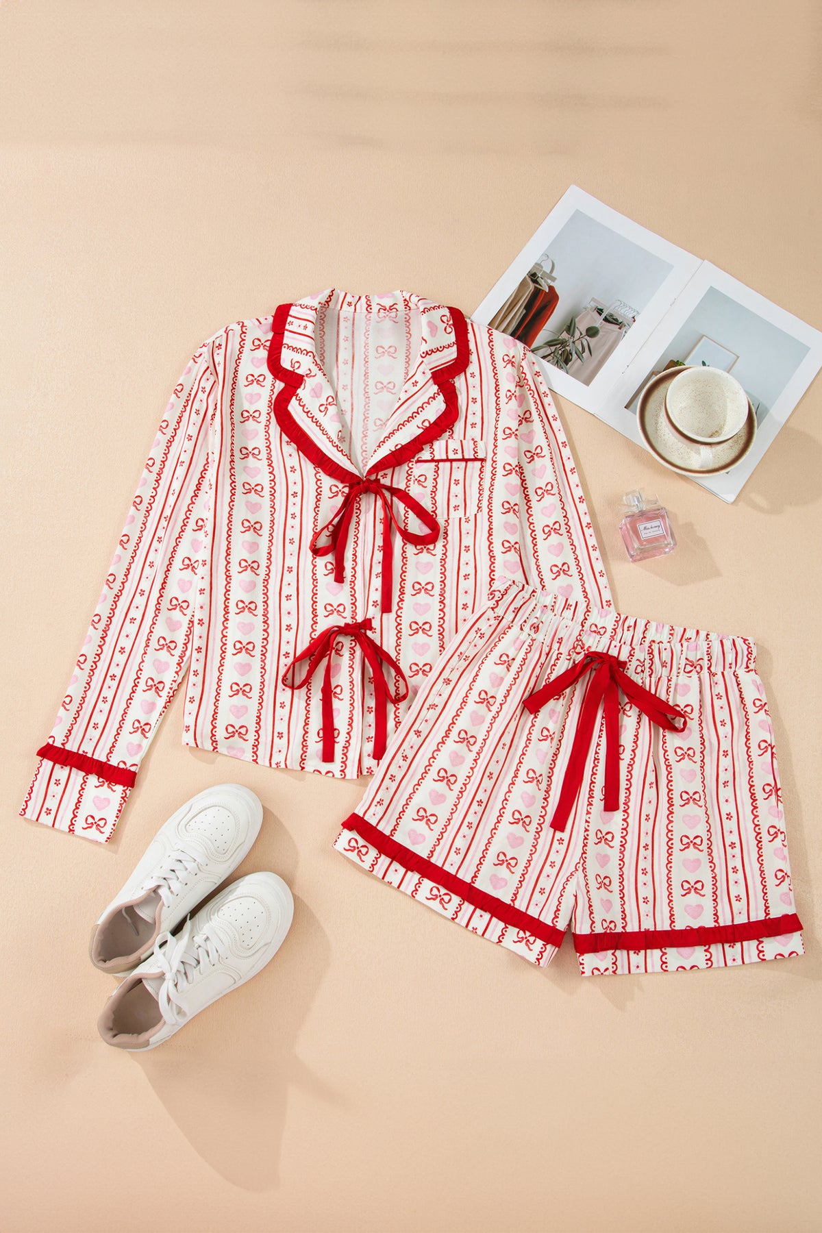 KaleaBoutique Stylish Sweet Floral Heart Bow Print Contrast Trim Long Sleeve Shirt Pajama Short Set - KaleaBoutique.com