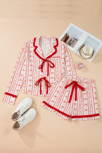KaleaBoutique Stylish Sweet Floral Heart Bow Print Contrast Trim Long Sleeve Shirt Pajama Short Set - KaleaBoutique.com