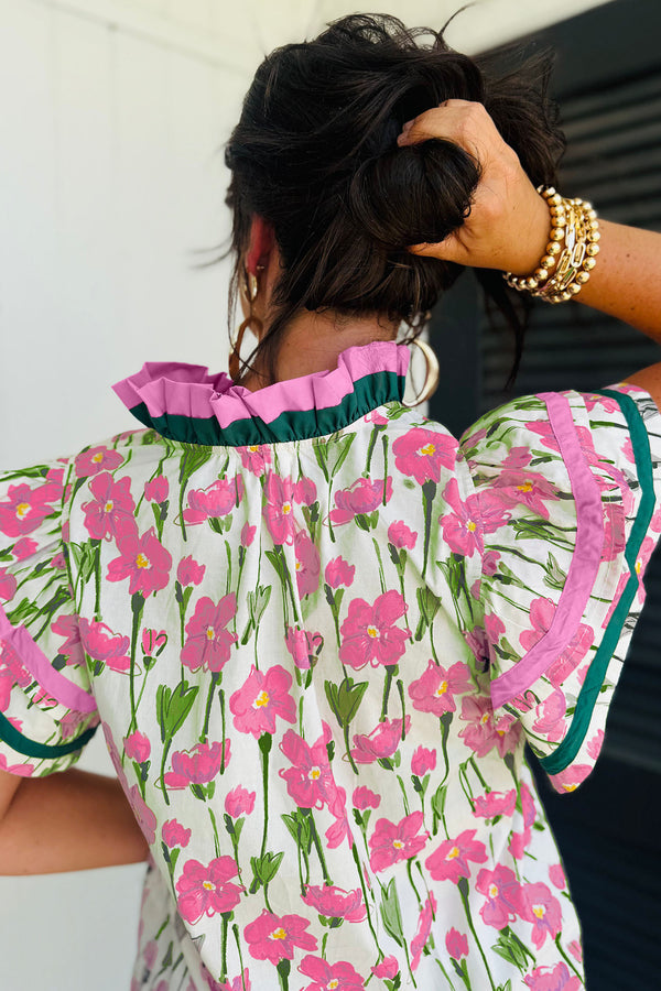 KaleaBoutique Floral Print Contrast Trim V Neck Double Ruffled Short Sleeve Blouse - KaleaBoutique.com