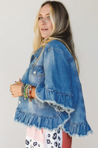 Ruffle Hem Raw Edge Half Sleeve Western Denim Jacket - KaleaBoutique.com