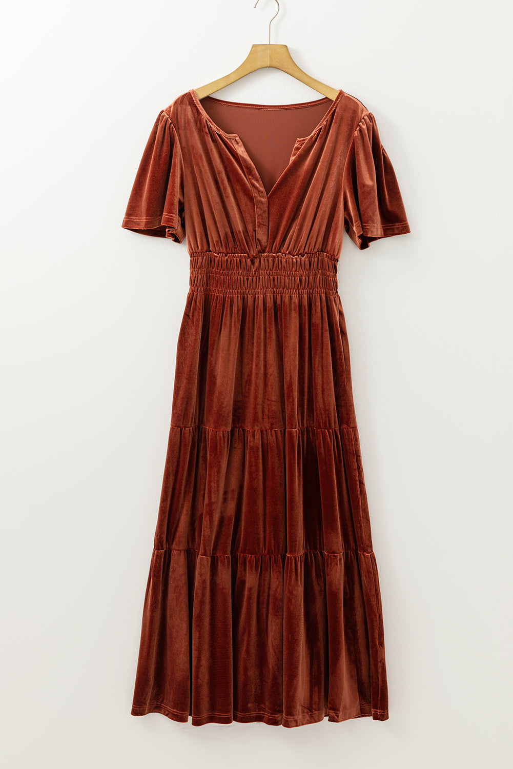 KaleaBoutique Stylish Velvet Short Sleeve Shirred Waist Tiered Maxi Dress - KaleaBoutique.com