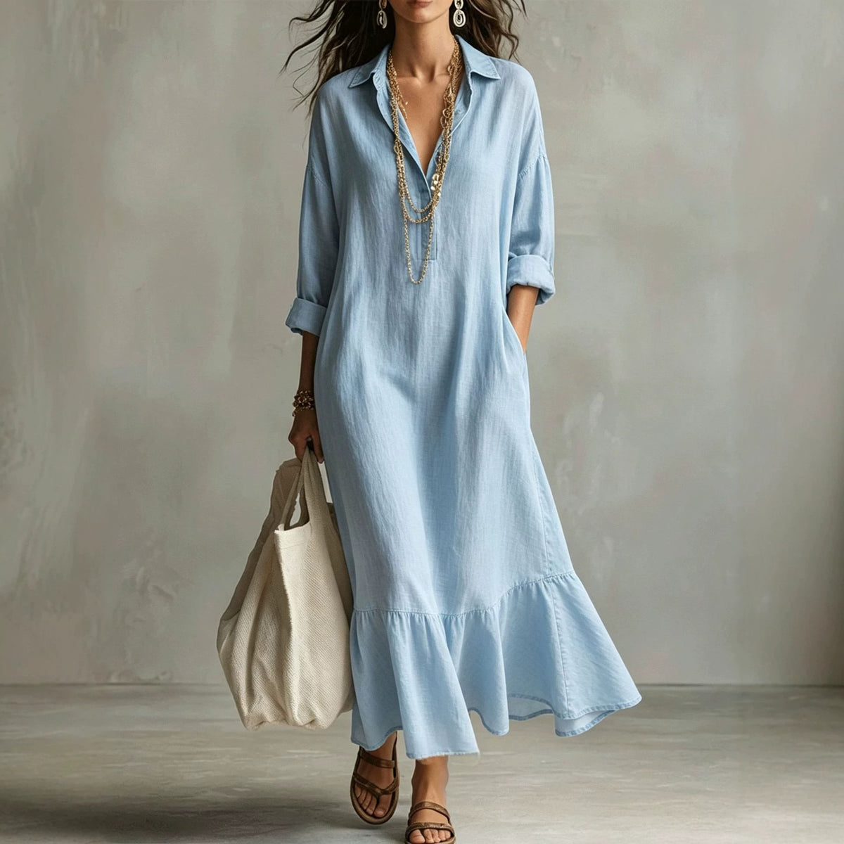 Women's Collared Long-Sleeve Ruffle-Hem Maxi Shirt Dress - KaleaBoutique.com
