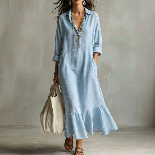 Women's Collared Long-Sleeve Ruffle-Hem Maxi Shirt Dress - KaleaBoutique.com