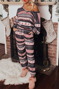 KaleaBoutique Comfortable Retro Christmas Pattern Loose Pullover 2pcs Lounge Pant Set - KaleaBoutique.com