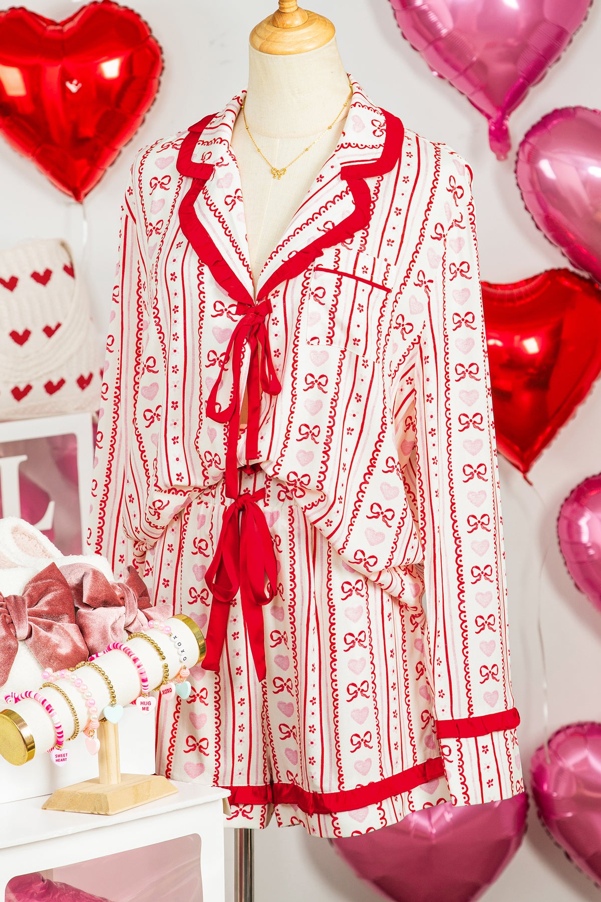 KaleaBoutique Stylish Sweet Floral Heart Bow Print Contrast Trim Long Sleeve Shirt Pajama Short Set - KaleaBoutique.com