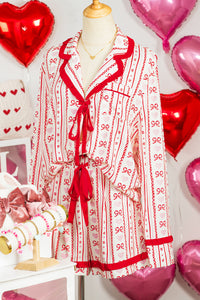KaleaBoutique Stylish Sweet Floral Heart Bow Print Contrast Trim Long Sleeve Shirt Pajama Short Set - KaleaBoutique.com