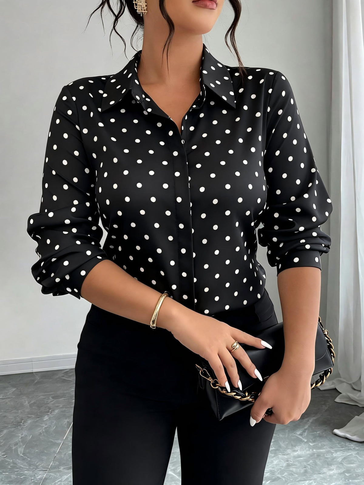 Women's Long-sleeve Polka-dot Slim-fit Lapel Blouse - KaleaBoutique.com