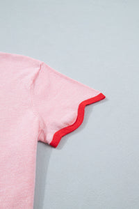 KaleaBoutique Comfortable Stand Neck Contrast Wavy Trim Short Sleeve Sweater - KaleaBoutique.com