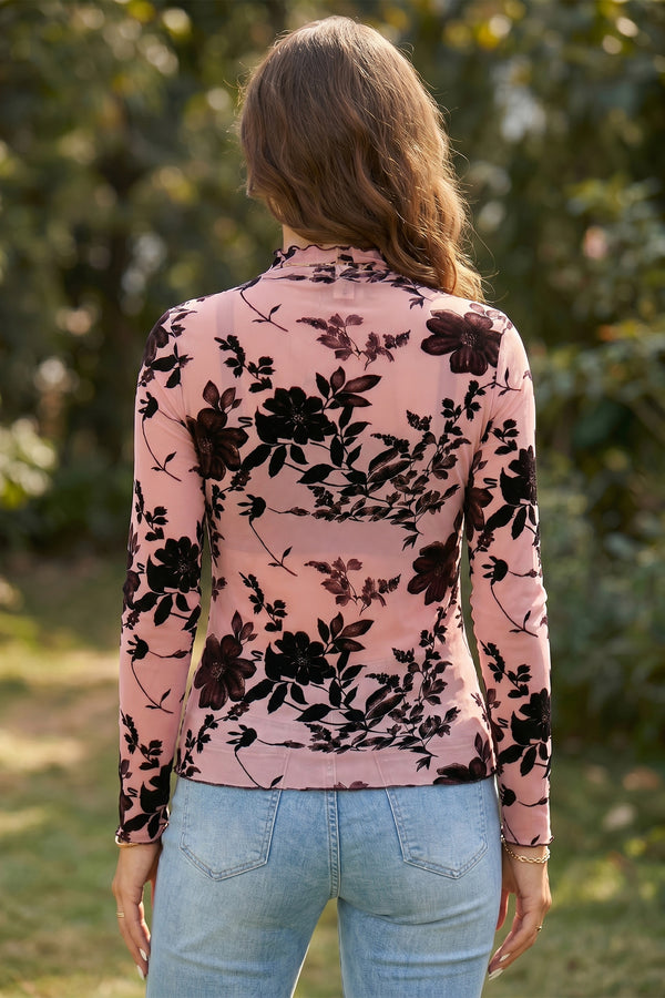 KaleaBoutique Stylish Retro Floral Print Mesh Long Sleeve Pullover Blouse - KaleaBoutique.com
