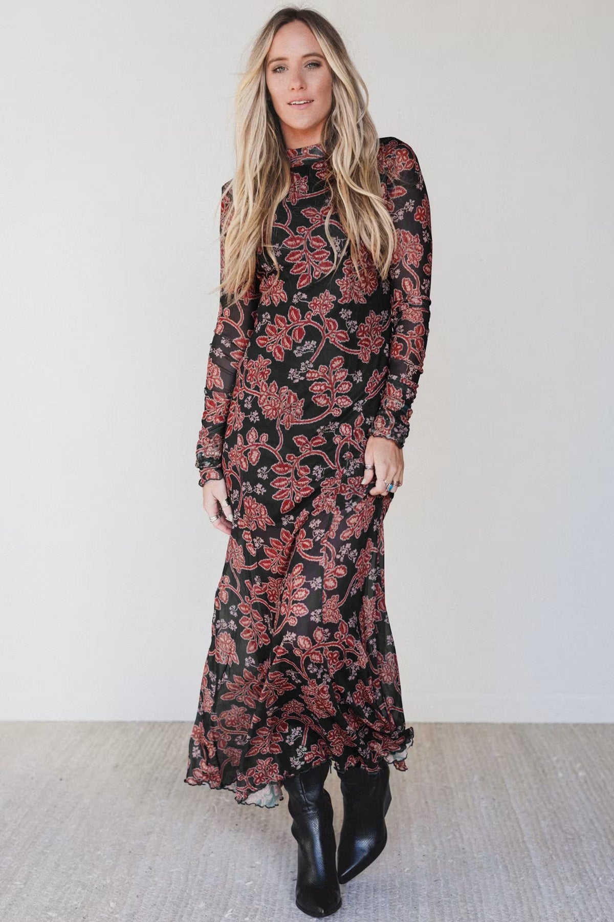 KaleaBoutique Stylish Retro Floral Print Long Sleeve Casual Mesh Dress - KaleaBoutique.com