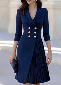 Women's Three-Quarter-Sleeve Double-Breasted Pleated Dress - KaleaBoutique.com
