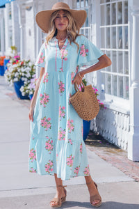 KaleaBoutique Comfortable Notched Neck Flutter Short Sleeve Floral Print Maxi Dress - KaleaBoutique.com